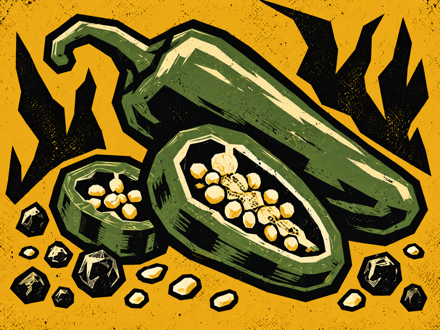 Screenprint illustration of whole and sliced green jalapeño peppers