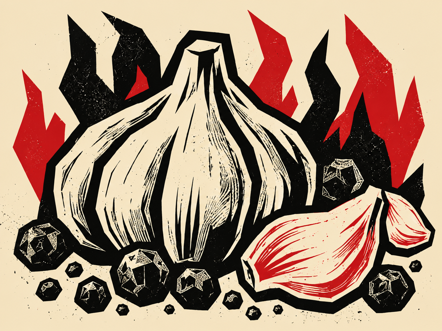 Screenprint illustration of garlic cloves, black peppercorns and red flames