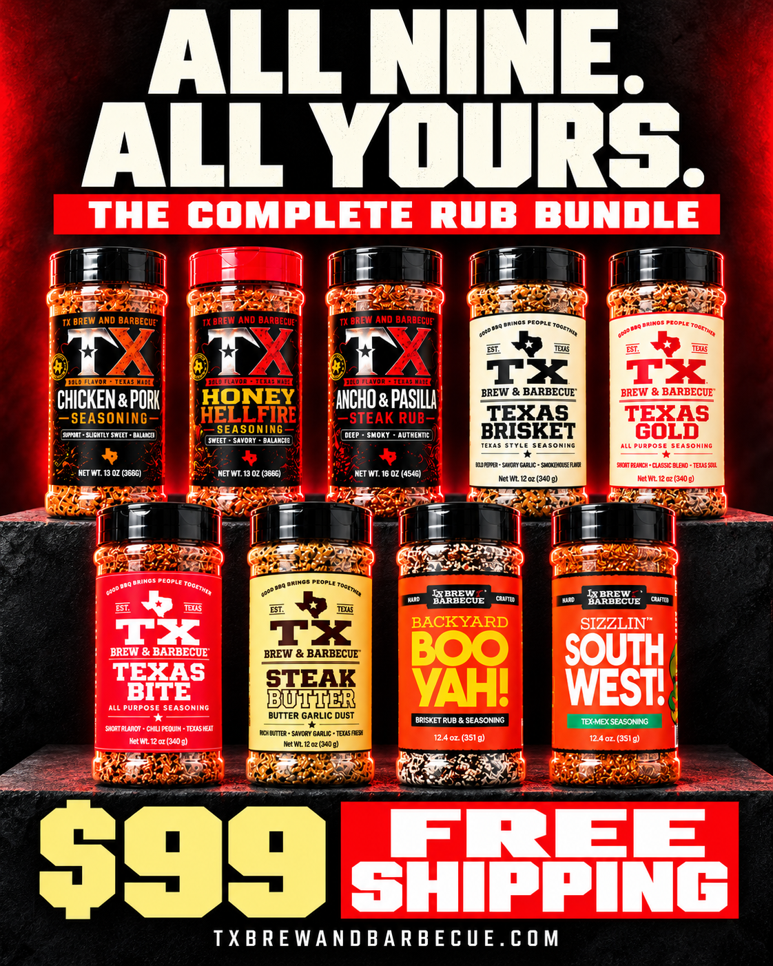 All nine TX Brew & Barbecue rubs: Chicken & Pork, Honey Hellfire, Ancho & Pasilla, Texas Brisket, Texas Gold, Texas Bite, Steak Butter, Backyard Booyah and Sizzlin Southwest.