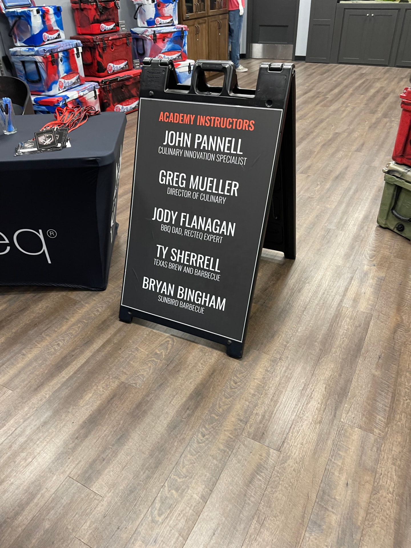 Instructor board listing Ty Sherrell of Texas Brew and Barbecue among the academy instructors