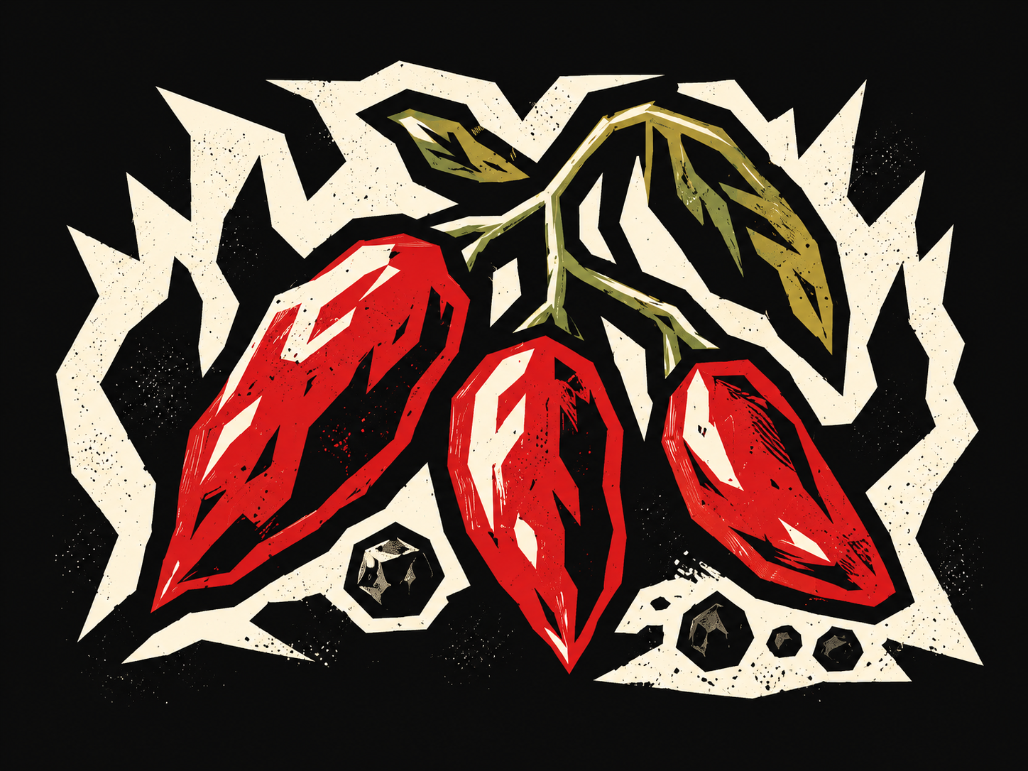 Screenprint illustration of red chile pequín peppers with green leaves