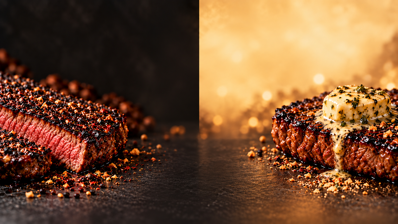 Crusted sliced steak and butter-topped steak on a dark stone surface