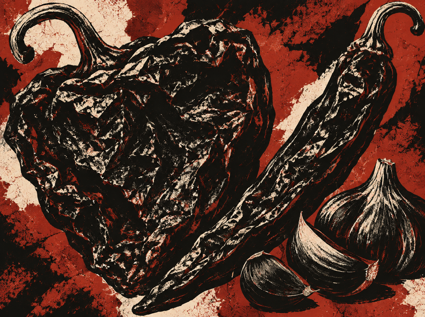 Rough cream, red and black screenprint of dried ancho and pasilla chiles with black garlic
