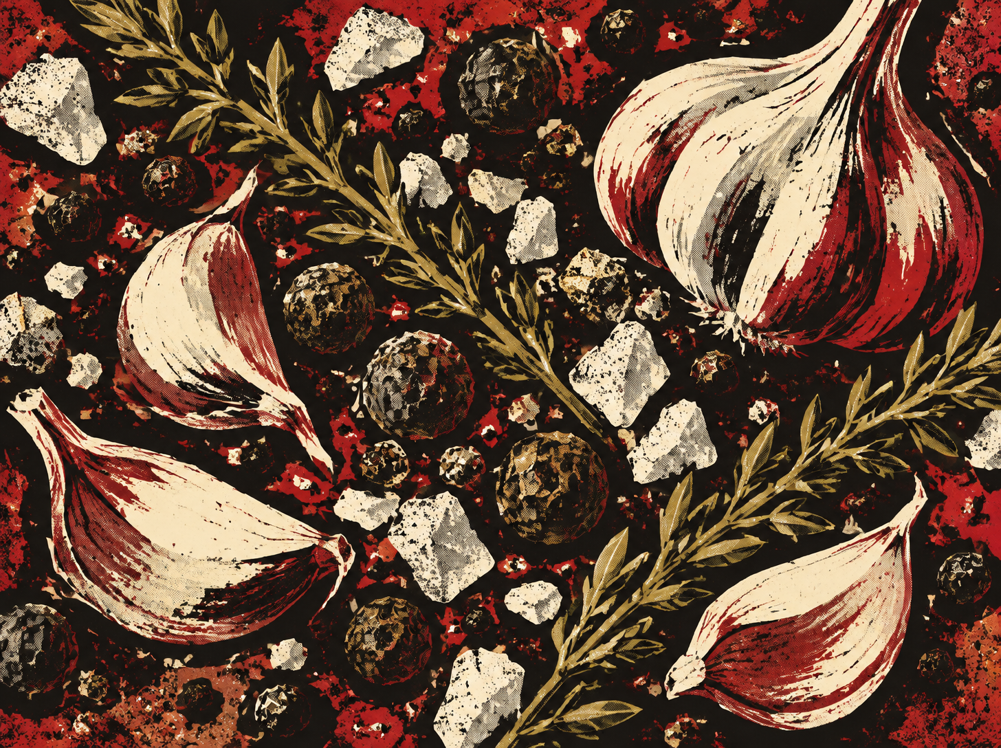 Rough black, cream, red and gold screenprint of peppercorns, salt crystals, thyme and garlic