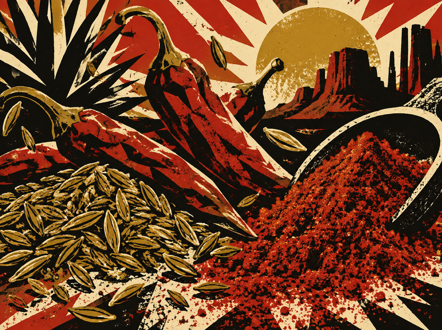 Rough red, gold, cream and black screenprint of cumin, cayenne and smoked paprika
