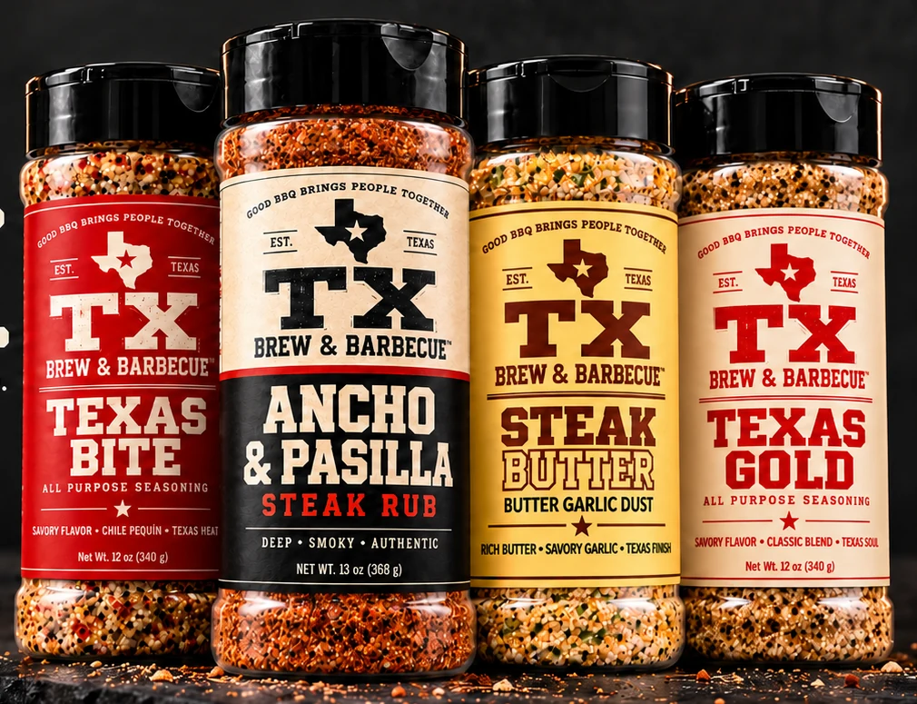 Texas Bite, Ancho & Pasilla, Steak Butter and Texas Gold. Example four-pack.