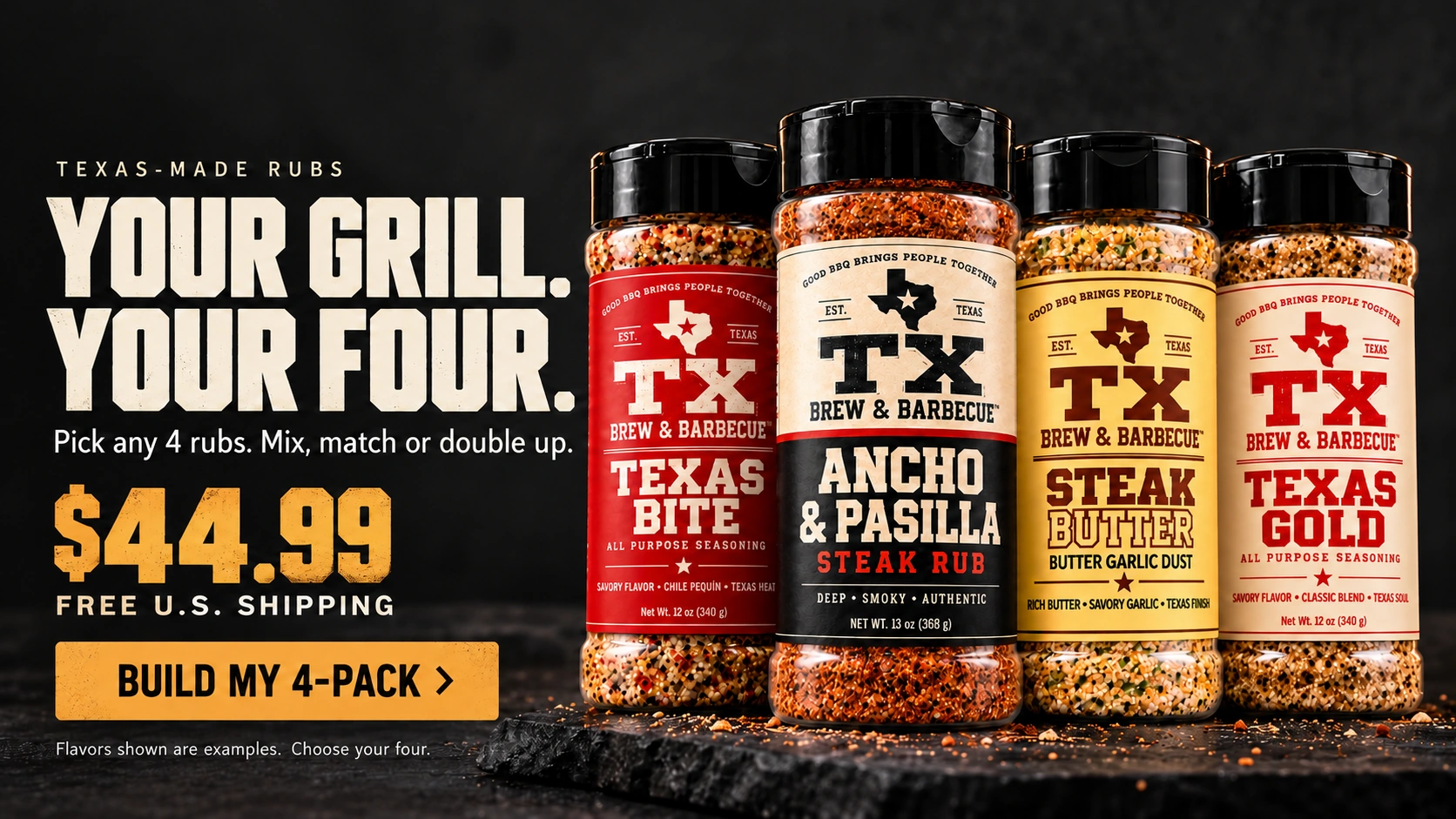 Texas Bite, Ancho & Pasilla, Steak Butter and Texas Gold bottles on a dark stone surface